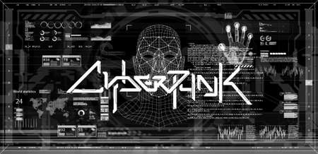 Black and white screen banner concept cyberpunk with HUD interface and scan palm, face and fingerprint. Banner with lettering and elements scifi design. Cyberpunk art. Digital vector illustration HUDのイラスト素材