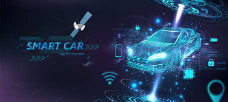 Futuristic electric smart car in polygonal style with HUD interface and icons. Hologram smart auto in Wireframe in line low-poly. Smart automobile banner. Virtual graphic interface HUD. Vectorのイラスト素材