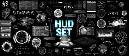 Futuristic Graphic HUD elements set. Scifi elements for UI, GUI, Web and VR technology. Cyberpunk elements (hi-tech circles, shapes, holograms, charts, infographics and UI elements) HUD vector setのイラスト素材
