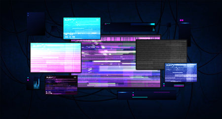 Futuristic server room with screens glitch effect. Dark cyberspace with burning monitors, wires and working equipment. Cyberpunk server room with monitors. Hacking and cyber protection concept. Vectorのイラスト素材