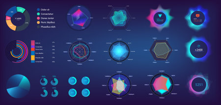 Circle infographic and Pie chart in futuristic style for Web, UI, UX, KIT and Mobile App. Infochart elements online statistics and data analytics. Information panel mockup. UI Vector elements setのイラスト素材