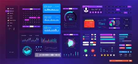 Neon UI / UX / KIT elements set. Universal design interface for Mobile App, web site design and dashboard template. UI, UX and KIT flat elements - search, navigation, buttons, switches, bars. Vectorのイラスト素材