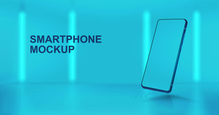 Studio background with 3D smartphone mockup in perspective position. Realistic mobile phone illustration with blank screen. Presentation smartphone in futuristic style and colors. Vector Mockupのイラスト素材
