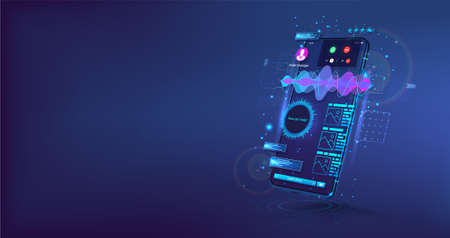 Voice assistant on mobile phone. 3D realistic device with sound wave and UI interface. Perspective view smartphone with voice recognition. Soundwave voice assistant and Equalizer sound waves. Vectorのイラスト素材