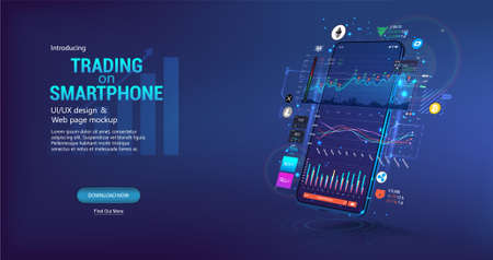 App for trading cryptocurrency on the phone. Template trading platform, web page concept. Smartphone App with UI, online statistic, data analytics and finance. Trends and financial strategy. Vectorのイラスト素材