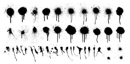 Black ink spots and blots with drip lines grunge isolated on white background. Grunge texture template. Street graffiti elements with splashes and spray effect. Vector ink spots and blots collectionのイラスト素材