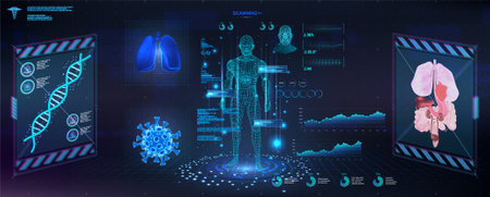 Futuristic examination of the human body with a HUD interface. Modern healthcare Research of human health, polygonal hologram human body x-ray. GUI, UI, HUD for medicine app. Body scan. Vectorのイラスト素材