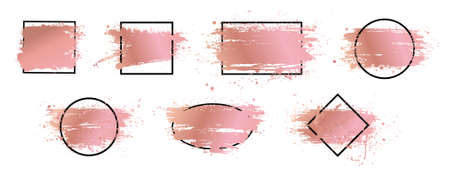 Rose gold brush strokes collection with black frame for text. Grunge Artistic design boxes. Dirty splashes with picture frame and gold rose color. Set splashes for logo,flyers, cards and other. Vectorの写真素材