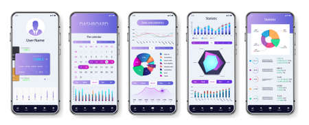 Light application interface for mobile phone. UI screens with dashboard, pie charts, infographics, diagrams and statistic. App mockup with investment, economic statistic and data forex. Vector UI setのイラスト素材