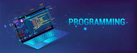 Banner Software Development. Programming, Web Site and App. Laptop with code and UI, UX interface. Development Software concept - coding, testing, usability, programming, design. Vector illustrationのイラスト素材
