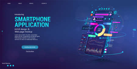 Web banner Business App with smartphone in perspective position. Financial analysis and data statistic. Presentation concept App, UI, UX design, capabilities. Trading and stock market forex. Vectorのイラスト素材
