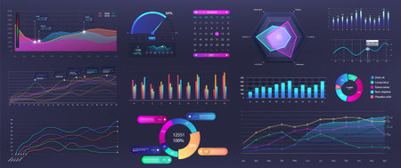 Graphics infographic, template dashboard with info elements - charts, diagrams, data analytics, infographic and online statistics. Vector Mockup panel with UI, UX, KIT design elements. Vector graphicのイラスト素材