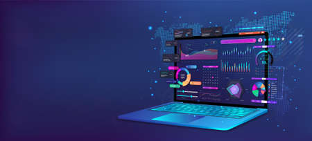 Perspective laptop position with business analysis app dashboard. Analysis of readings and data, online statistics, business forecast and progress tracking. Business dashboard on laptop. Vectorのイラスト素材