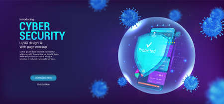 Cyber security smartphone. Protection mobile phone with shield which protect against cyber attacks, Internet viruses and spam. Antivirus app banner with concept cyber security. Vector illustrationのイラスト素材