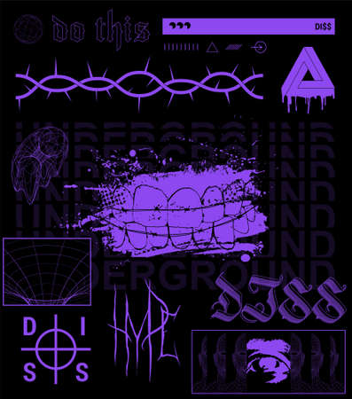 Brutalism graphic set. Collection trendy street elements for prints on clothes, typography, merchandise, t-shirt, merch, posters, covers, flyers and more. Underground brutalism elements. Vector setのイラスト素材