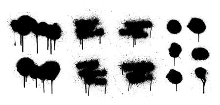 Hand drawn spray graffiti template. Texture ink with splashes and drips of paint on a white background. Grunge graphic stencil elements. Dirty graffiti spray effect. Street art. Vector collectionの写真素材