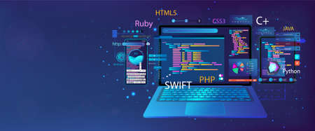 Web banner Development Software and UI interface in different devices. App dashboard with code and UI elements graph and charts, analytics data, testing website or platform and coding process. Vectorのイラスト素材