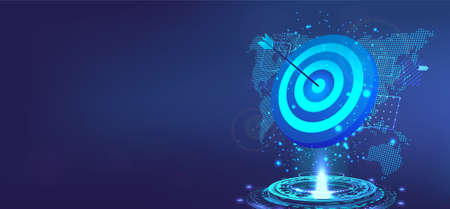 Goal achievement concept. Business banner template with 3D Goal, hologram and world map. Target for darts with an arrow to the bulls eye. Success, achievement, precision. Vector illustration victoryのイラスト素材