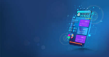Banking App in perspective 3D smartphone. Your online bank account, currency management and payment. Transfer pay, online payment security transaction via credit card. Vector illustration appのイラスト素材