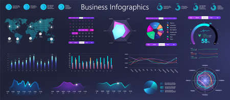 Workflow graphics, charts and diagrams. Dark gradient infographic for business information marketing presentation. Neon business infochart elements. Workflow for Mobile App UI, UX, KIT. Vector setのイラスト素材