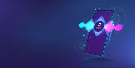 Voice assistant in smartphone. Mobile phone Mockup with sound wave. Concept microphone voice control. Sound recognition and AI assistant. Cellphone with wave flow, equalizer, voice record. Vectorのイラスト素材