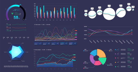 Modern infographic marketing data presentation. Graphic, circle infochart, diagram, online statistics, data analytics and other colorful elements for presentation, UI, UX, Web. Vector graphics setのイラスト素材
