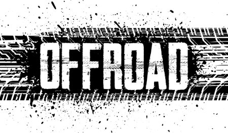 Off-road black and white grunge banner with tire marks in grunge style. Hand drawn grunge lettering text with Tire tracksのイラスト素材