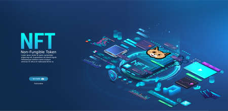 NFT token in crypto artwork on mobile phoneのイラスト素材