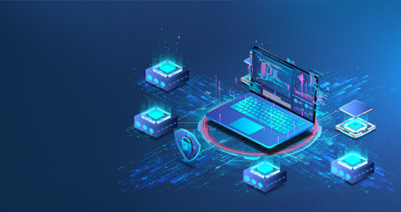 Isometric illustration analysis big data and data streamのイラスト素材