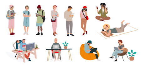 Students and young people use gadgets in different placesのイラスト素材