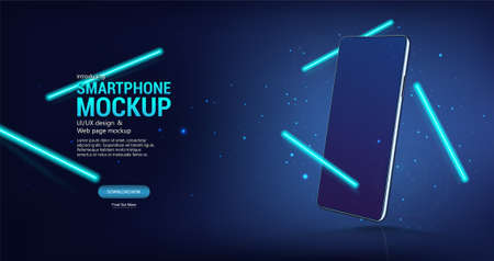 Modern neon background with Mockup smartphone in perspective. Realistic 3D cellphoneのイラスト素材