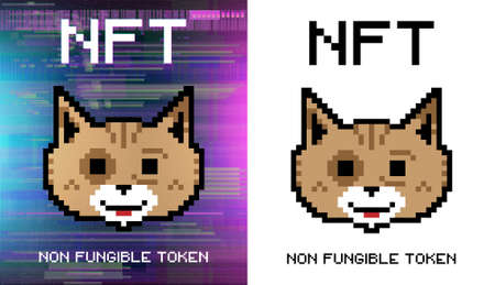 Crypto art NFT token. Non-fungible token. Cute cat face in Pixel styleのイラスト素材
