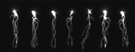 Set of white lightning bolts with flash, light sparkle and thunderstorm effectのイラスト素材