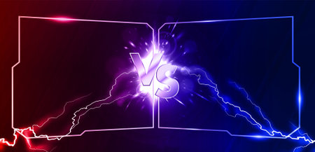 Lightning collision red and blue background with VS letters, concept Versus bannerのイラスト素材
