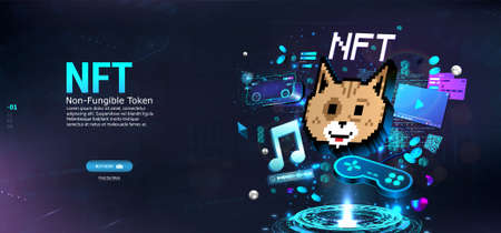 NFT token in crypto artwork. Banner Non-fungible tokenのイラスト素材