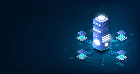 Blue banner Big data processing by the latest computer in isometric viewのイラスト素材