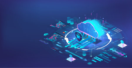 Cloud storage and big data computing in isometric. Blue web bannerのイラスト素材