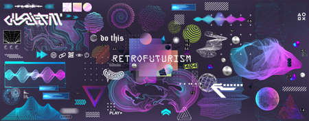 Retrofuturistic 3D trendy collection. Trendy elements in vaporwave style from 80s-90sのイラスト素材