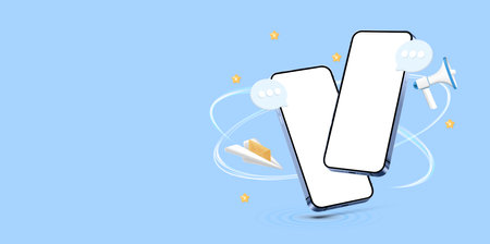 Blue illustration with two 3D mobile phone with blank screenのイラスト素材