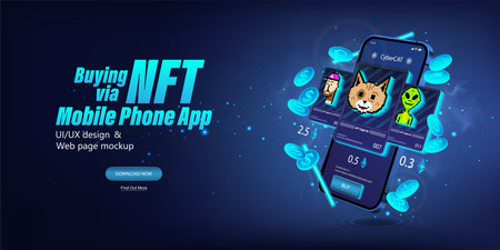 The concept of buying and selling NFT assets. 3D Mobile phone with Appのイラスト素材