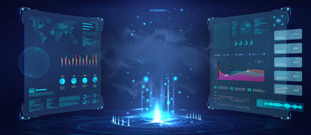 Futuristic 3D lab with hologram with HUD interfaceのイラスト素材