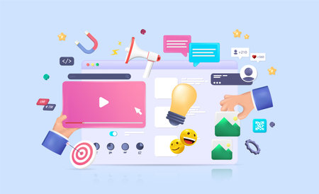 Cartoon realism 3D illustration with screen and objects Seo optimizationのイラスト素材
