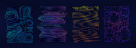 Retrofuturistic neon grid with effect glitch and deformation. Shapes from 80s-90sのイラスト素材