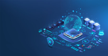 Modern Worldwide Network Technology. Earth Globe hologramのイラスト素材