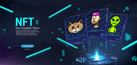 Cards NFT token in crypto artwork. Collections cards Non-fungible tokenのイラスト素材