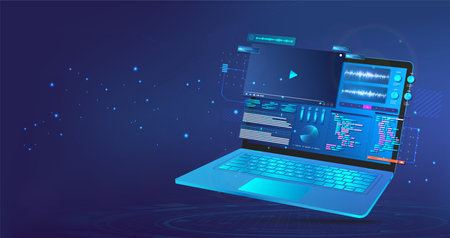 Make video content on 3D laptop with UI. Blue bannerのイラスト素材