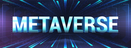 Horizontal banner metaverse with volumetric cyberspace and 3D inscriptionのイラスト素材