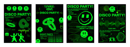 Rave trippy posters with trendy acid colors and shapes in 90s 80s styleのイラスト素材