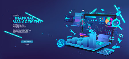 Blue 3D banner - Financial management Via laptop appのイラスト素材