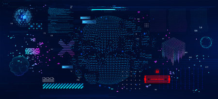 Internet connection in dot and pixel illustration with code elements and HUD interfaceのイラスト素材